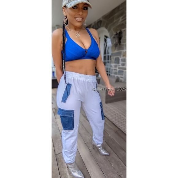 Callie Cargo: Mixed Media Denim & Cotton White Jogger Pants - Picture 5 of 13